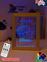 Princess & Unicorn Dream Big Personalised Name Timber Frame USB 3D LED Night Light Lamp - KustomboxNight Lights & Ambient LightingKustomboxTimber Frame Light