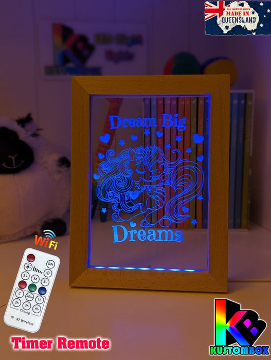 Princess & Unicorn Dream Big Personalised Name Timber Frame USB 3D LED Night Light Lamp - KustomboxNight Lights & Ambient LightingKustomboxTimber Frame Light