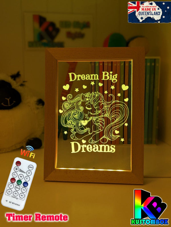 Princess & Unicorn Dream Big Personalised Name Timber Frame USB 3D LED Night Light Lamp - KustomboxNight Lights & Ambient LightingKustomboxTimber Frame Light