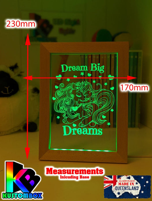 Princess & Unicorn Dream Big Personalised Name Timber Frame USB 3D LED Night Light Lamp - KustomboxNight Lights & Ambient LightingKustomboxTimber Frame Light