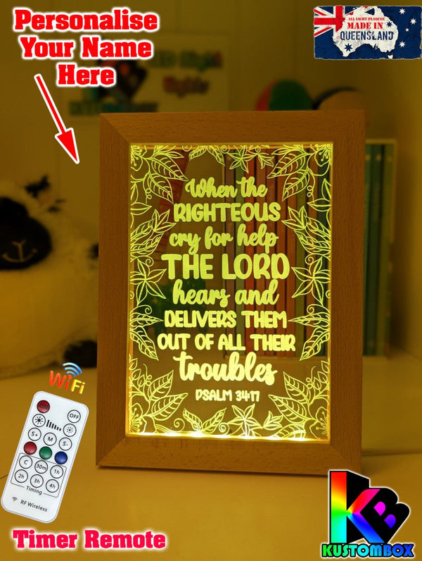 Psalm 34:17 Quote Personalised Name Timber Frame USB 3D LED Night Light Lamp - KustomboxNight Lights & Ambient LightingKustomboxTimber Frame Light - $34.99