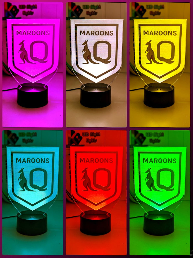 Custom Qld Maroons LED lamp with engraved name, multi-colour lighting for rugby league fans. black base colour choices