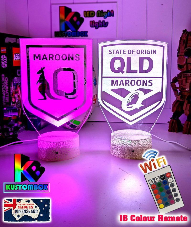Qld Maroons logo 3D acrylic light with 16-colour remote, ideal NRL gift for bedroom or bar. New and old logo banners