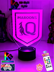 Personalised Qld Maroons 3D LED night light glowing in 7 colours, perfect for kids or man caves, new logo maroon colour 