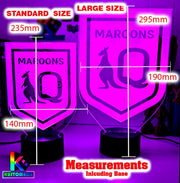 Personalised Qld Maroons LED night light featuring team logo outline and custom engraving. size chart measurements