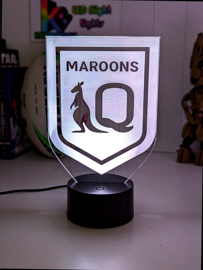 Personalised Qld Maroons 3D LED night light glowing in 7 colours, perfect for kids or man caves. white-colour-lamp