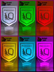 Qld Maroons logo 3D acrylic light with 16-colour remote, ideal NRL gift for bedroom or bar. white crackle base 