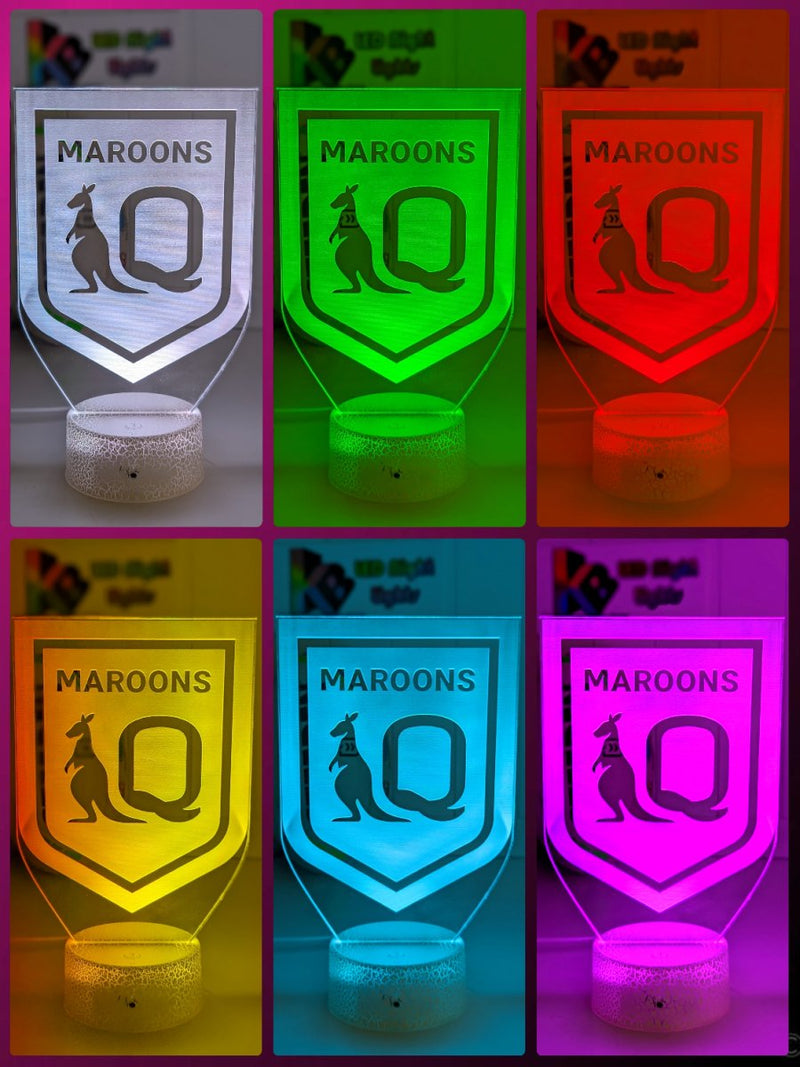 Qld Maroons logo 3D acrylic light with 16-colour remote, ideal NRL gift for bedroom or bar. white crackle base 