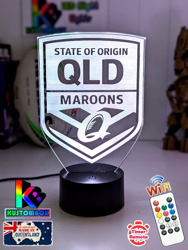 Personalised Qld Maroons 3D LED night light glowing in 7 colours, perfect for kids or man caves, older logo banner 