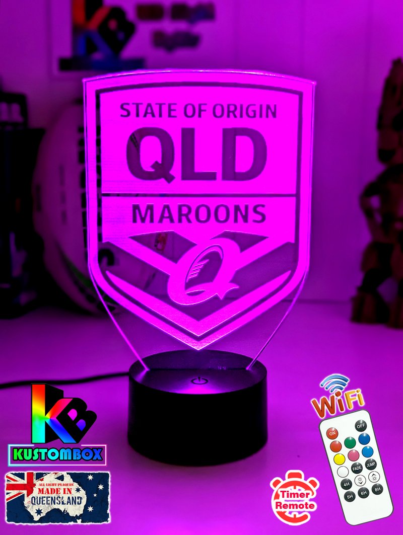 Personalised Qld Maroons LED night light featuring team logo outline and custom engraving. older logo maroon colour 