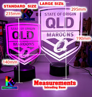 Custom Qld Maroons LED lamp with engraved name, multi-colour lighting for rugby league fans. size measurements 