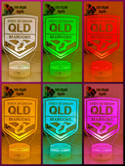 Qld Maroons custom 3D LED lamp with name engraving and colour-changing effects. white crackle base colour choices