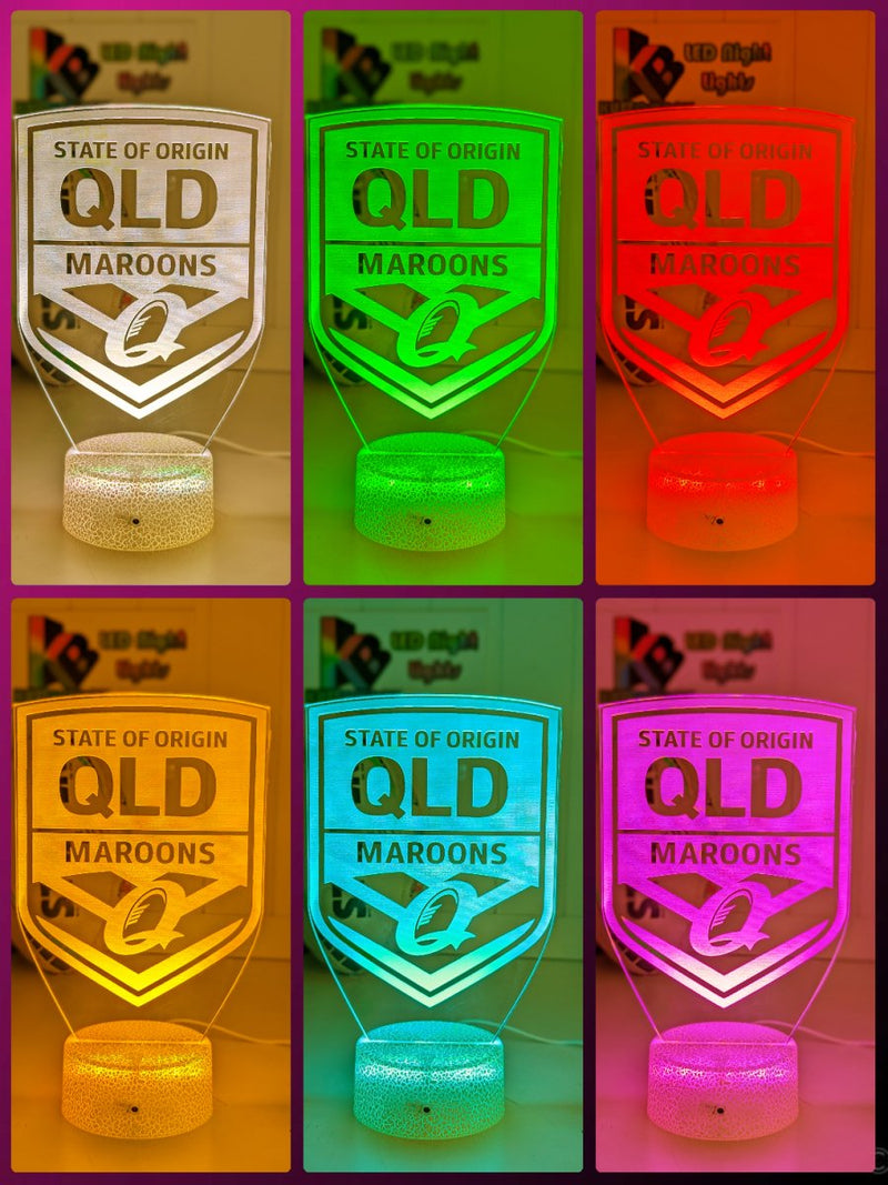 Qld Maroons custom 3D LED lamp with name engraving and colour-changing effects. white crackle base colour choices