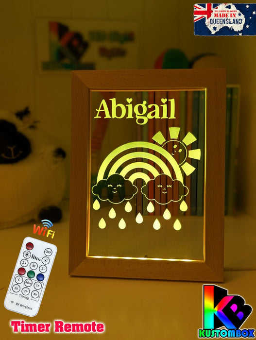 Rainbow Sun Clouds Personalised Name Timber Frame USB 3D LED Night Light Lamp - KustomboxNight Lights & Ambient LightingKustomboxTimber Frame Light - $34.99