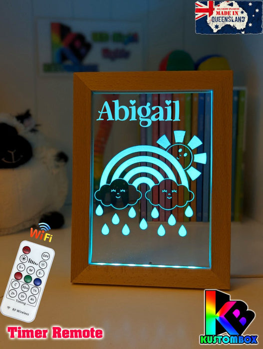 Rainbow Sun Clouds Personalised Name Timber Frame USB 3D LED Night Light Lamp - KustomboxNight Lights & Ambient LightingKustomboxTimber Frame Light - $34.99