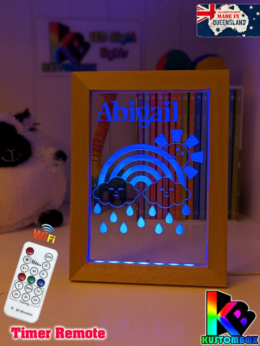 Rainbow Sun Clouds Personalised Name Timber Frame USB 3D LED Night Light Lamp - KustomboxNight Lights & Ambient LightingKustomboxTimber Frame Light - $34.99
