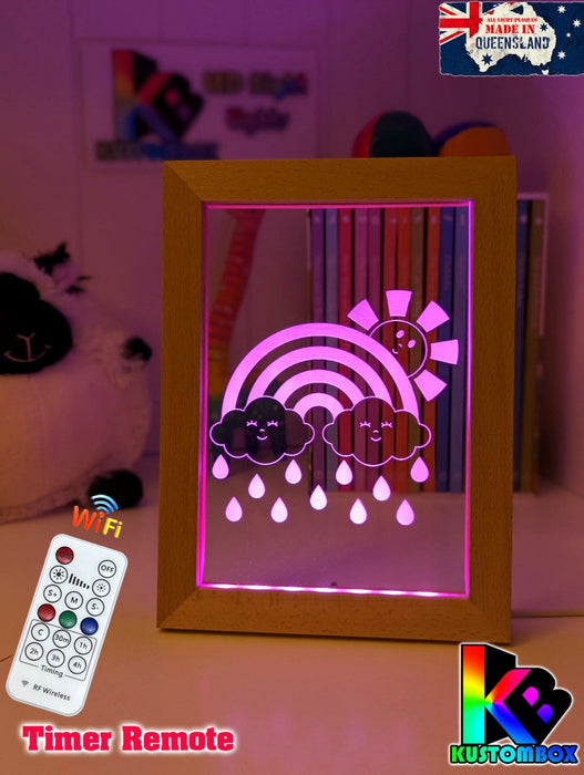 Rainbow Sun Clouds Personalised Name Timber Frame USB 3D LED Night Light Lamp - KustomboxNight Lights & Ambient LightingKustomboxTimber Frame Light - $34.99
