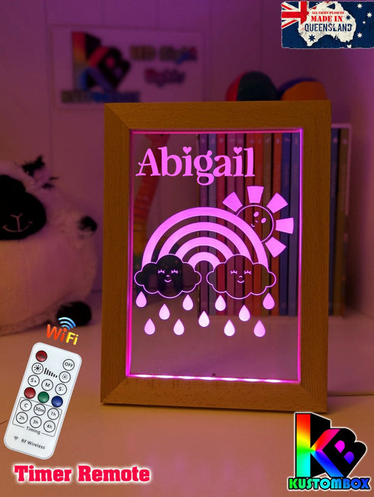 Rainbow Sun Clouds Personalised Name Timber Frame USB 3D LED Night Light Lamp - KustomboxNight Lights & Ambient LightingKustomboxTimber Frame Light - $34.99