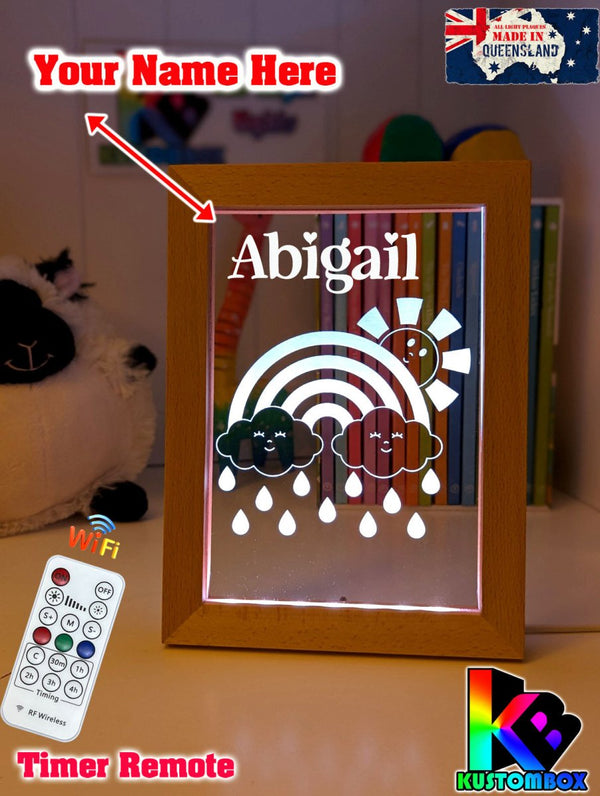 Rainbow Sun Clouds Personalised Name Timber Frame USB 3D LED Night Light Lamp - KustomboxNight Lights & Ambient LightingKustomboxTimber Frame Light - $34.99