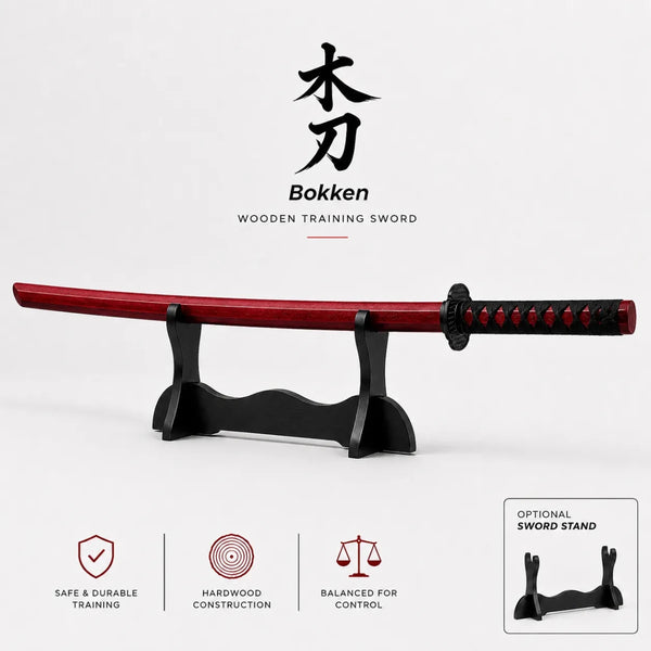Red Wooden Daito Bokken Training Sword | Samurai Katana Practice Sword - Kustomboxwooden training swordKustombox1 x Red Bokken Sword + Stand