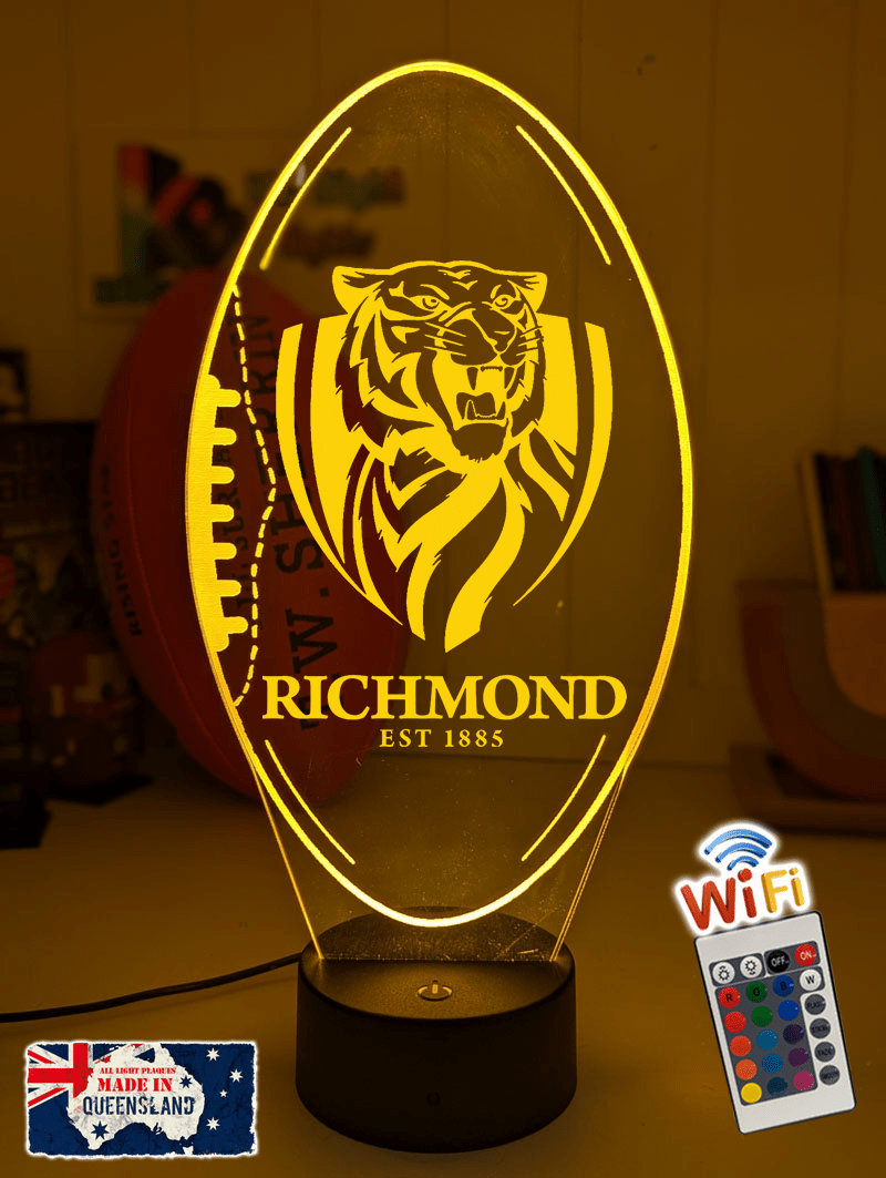 Richmond Tigers 3D LED night light glowing softly in a child’s room.