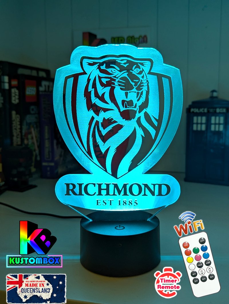 Richmond tigers old logo 3D LED lamp with 16-colour remote control – adjustable brightness and fade.