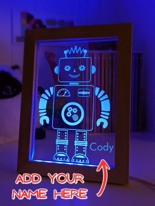 Robot Personalised Name Timber Frame 3D LED Night Childrens Light