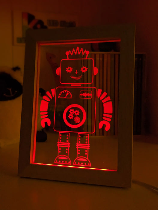 Robot Personalised Name Timber Frame 3D LED Night Childrens Light