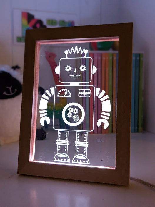Robot Personalised Name Timber Frame 3D LED Night Childrens Light