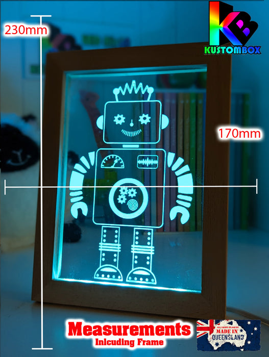 Robot Personalised Name Timber Frame 3D LED Night Childrens Light