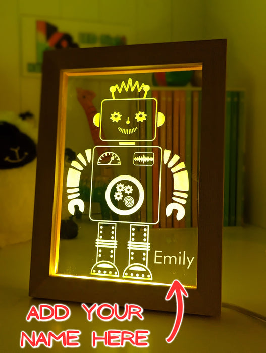 Robot Personalised Name Timber Frame 3D LED Night Childrens Light