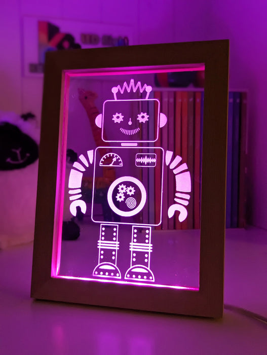 Robot Personalised Name Timber Frame 3D LED Night Childrens Light