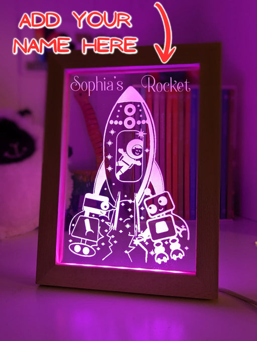 Rocket Space Ship Personalised Name 3D LED Night Light Lamp - KustomboxNight Lights & Ambient LightingKustomboxTimber Frame Light - $34.99