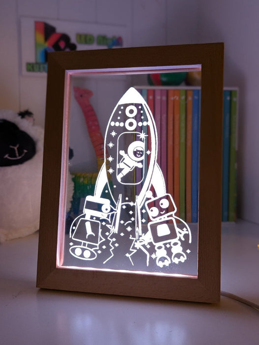 Rocket Space Ship Personalised Name 3D LED Night Light Lamp - KustomboxNight Lights & Ambient LightingKustomboxTimber Frame Light - $34.99