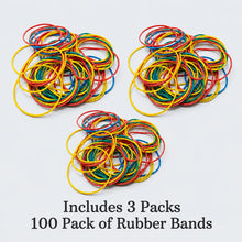 Three piles of colorful rubber bands on a white background with text indicating quantity.