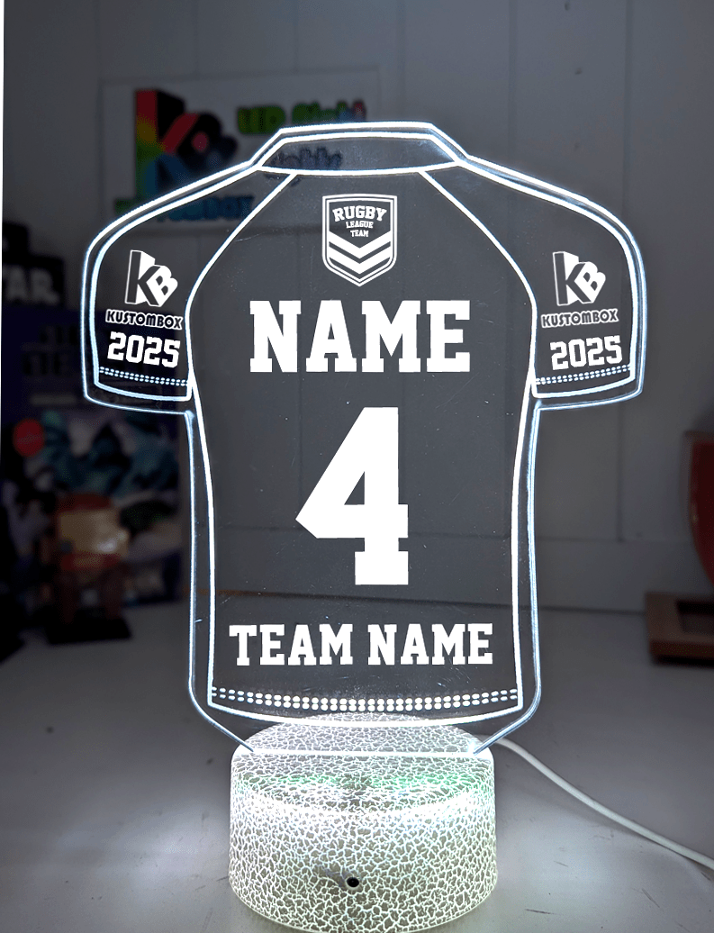 Rugby League Jersey 3D LED night light with USB power and multi-colour fade mode. white crackle base option 