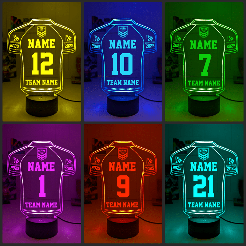 Personalised Rugby League Jersey LED night light featuring team logo outline and custom engraving black base collage