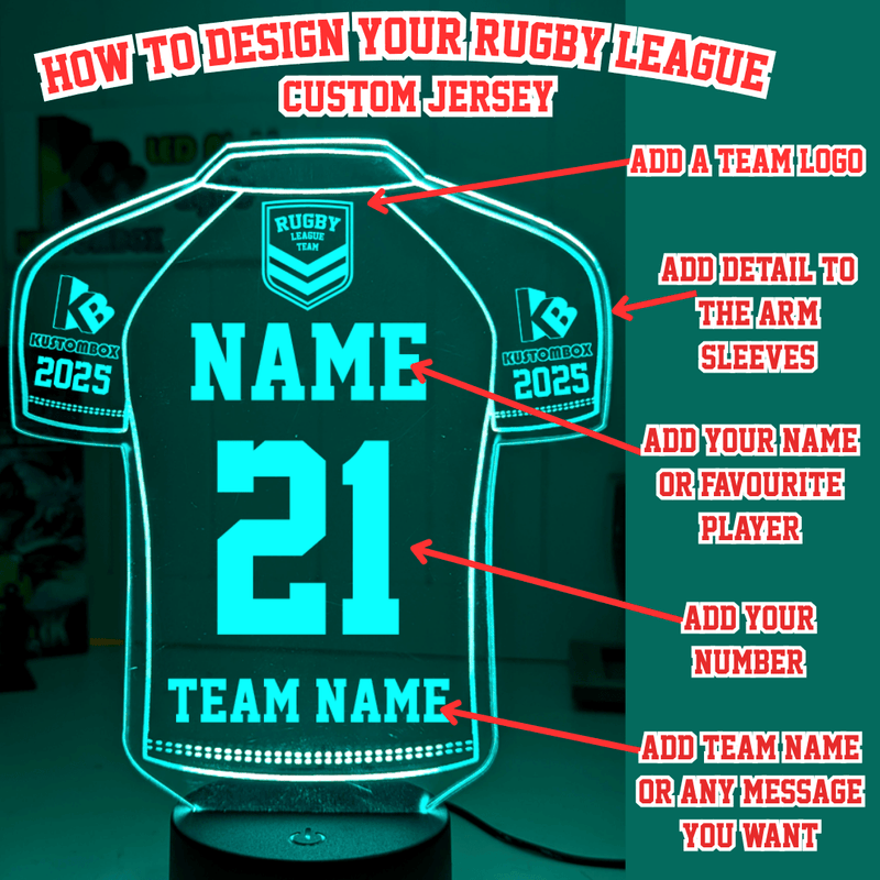 Custom Rugby League Jersey LED lamp with engraved name, multi-colour lighting for rugby league fans