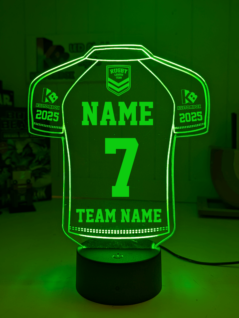 Personalised Rugby League Jersey acrylic LED night lamp, flashing or fading NRL team logo display green colour 