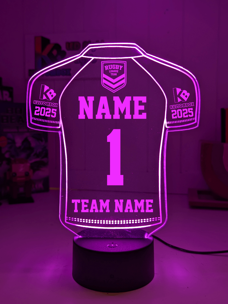 Personalised Rugby League Jersey acrylic LED night lamp, flashing or fading NRL team logo display purple colour 