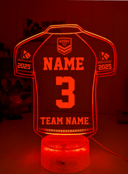 Personalised Rugby League Jersey acrylic LED night lamp, flashing or fading NRL team logo display white crackle base red colour 