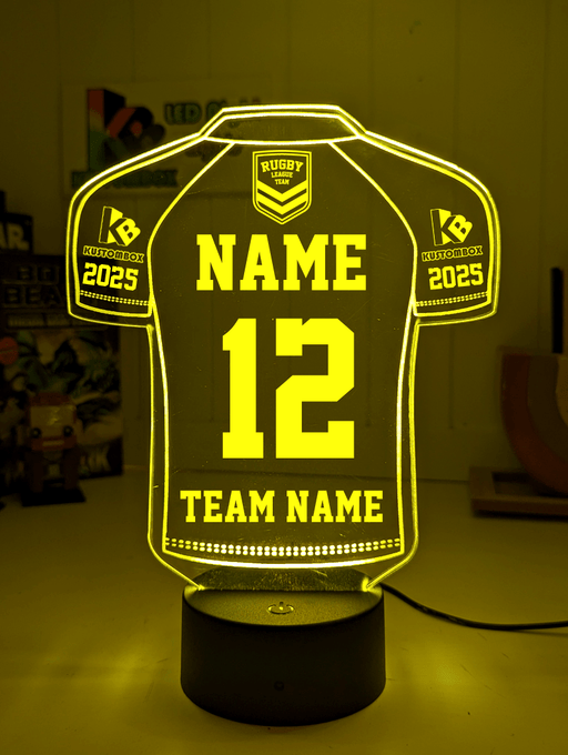 Personalised Rugby League Jersey 3D LED night light glowing in 7 colours, perfect for kids or man caves