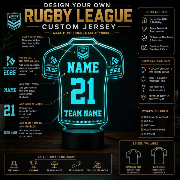 Rugby League Jersey Personalised 3D LED Night Light Lamp - KustomboxNight Lights & Ambient LightingKustomboxStandard Size JerseyBlack 16 Colours + Remote
