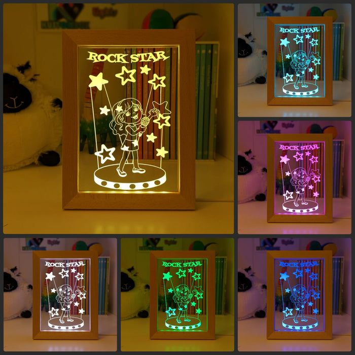 Singing Girl Rockstar Personalised Name Timber Frame USB 3D LED Night Light Lamp - KustomboxNight Lights & Ambient LightingKustomboxTimber Frame Light - $34.99
