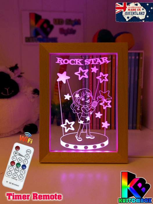 Singing Girl Rockstar Personalised Name Timber Frame USB 3D LED Night Light Lamp - KustomboxNight Lights & Ambient LightingKustomboxTimber Frame Light - $34.99