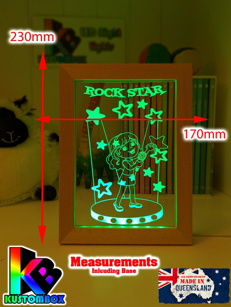 Singing Girl Rockstar Personalised Name Timber Frame USB 3D LED Night Light Lamp - KustomboxNight Lights & Ambient LightingKustomboxTimber Frame Light - $34.99