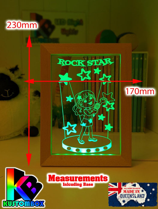 Singing Girl Rockstar Personalised Name Timber Frame USB 3D LED Night Light Lamp - KustomboxNight Lights & Ambient LightingKustomboxTimber Frame Light - $34.99