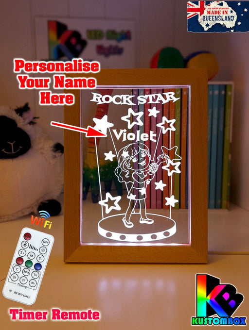 Singing Girl Rockstar Personalised Name Timber Frame USB 3D LED Night Light Lamp - KustomboxNight Lights & Ambient LightingKustomboxTimber Frame Light - $34.99