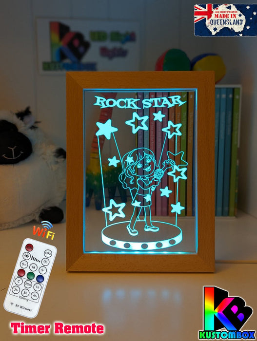 Singing Girl Rockstar Personalised Name Timber Frame USB 3D LED Night Light Lamp - KustomboxNight Lights & Ambient LightingKustomboxTimber Frame Light - $34.99