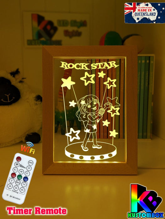 Singing Girl Rockstar Personalised Name Timber Frame USB 3D LED Night Light Lamp - KustomboxNight Lights & Ambient LightingKustomboxTimber Frame Light - $34.99